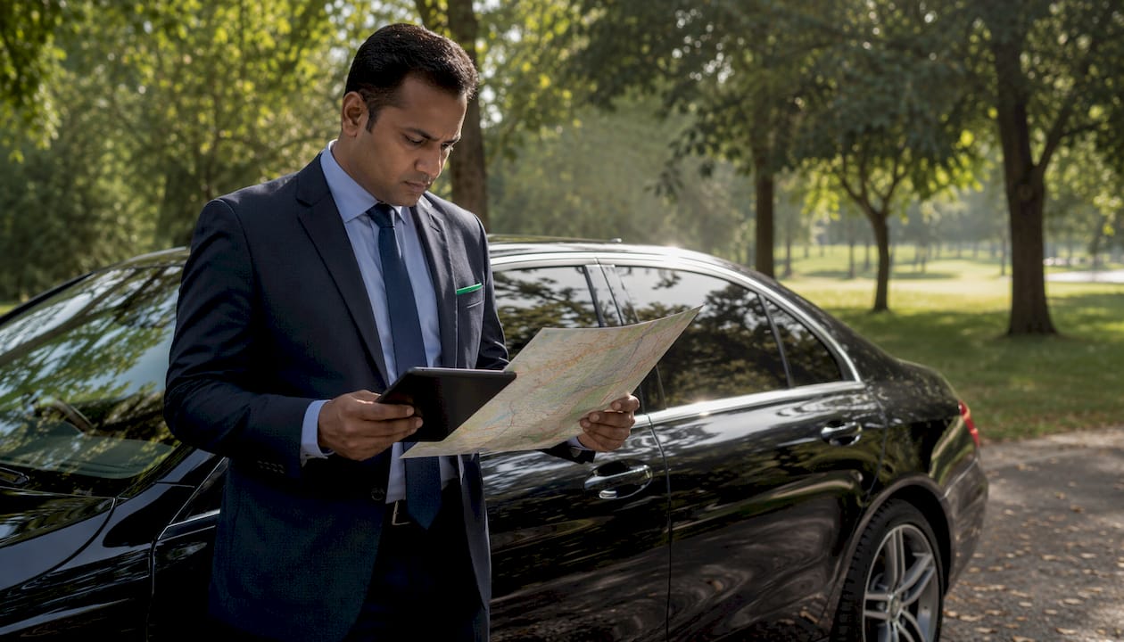Professional chauffeur planning route outdoors