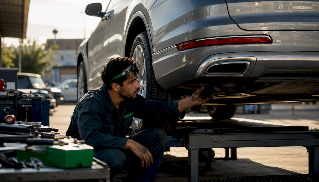 Mechanic inspecting private transfer vehicle