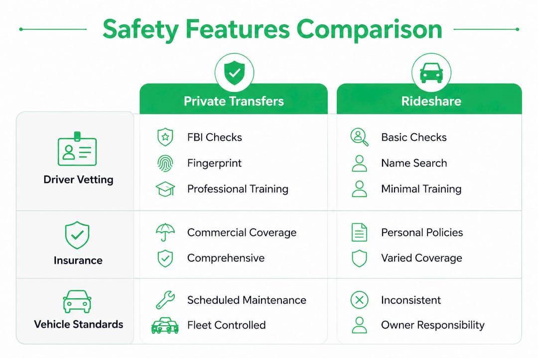 Infographic comparing private transfer and rideshare safety features
