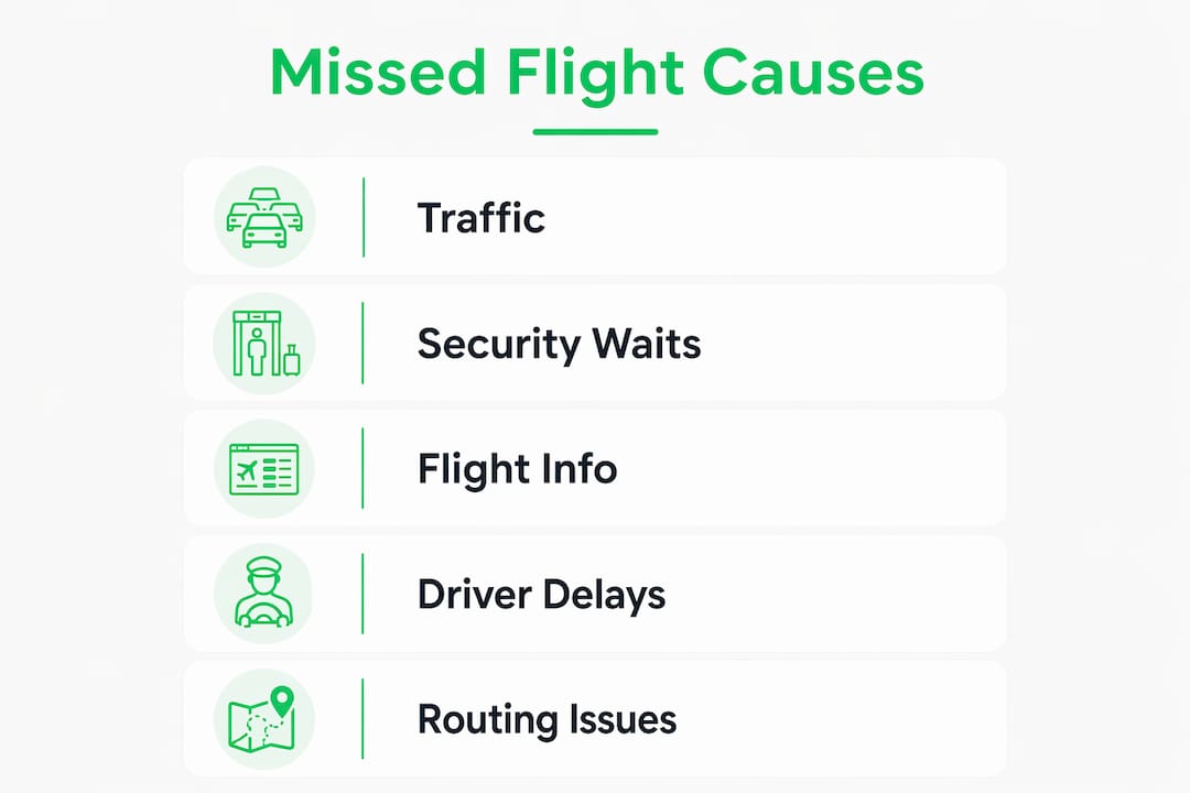 Infographic illustrating main causes of missed airport transfers