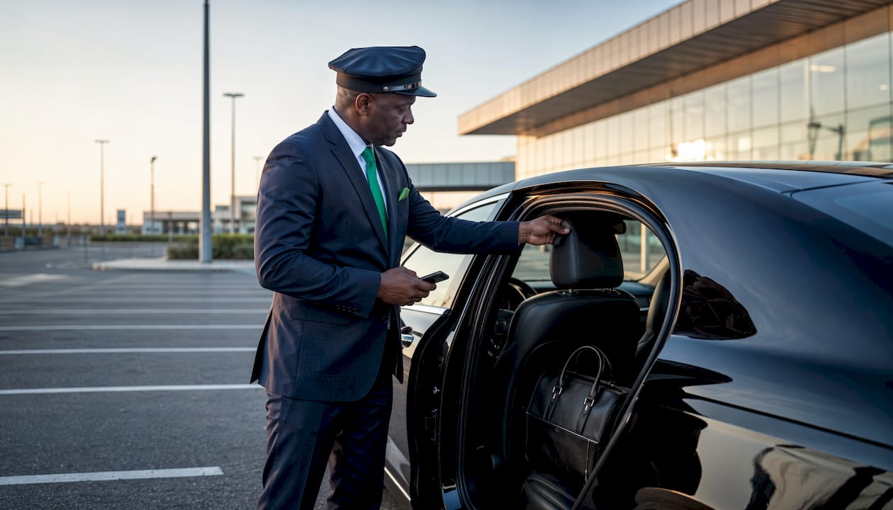 Chauffeur preparing luxury car before airport pickup