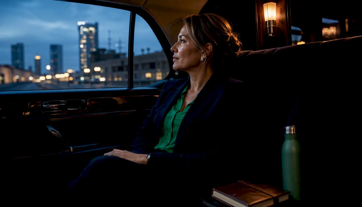 Female executive in private airport transfer cabin
