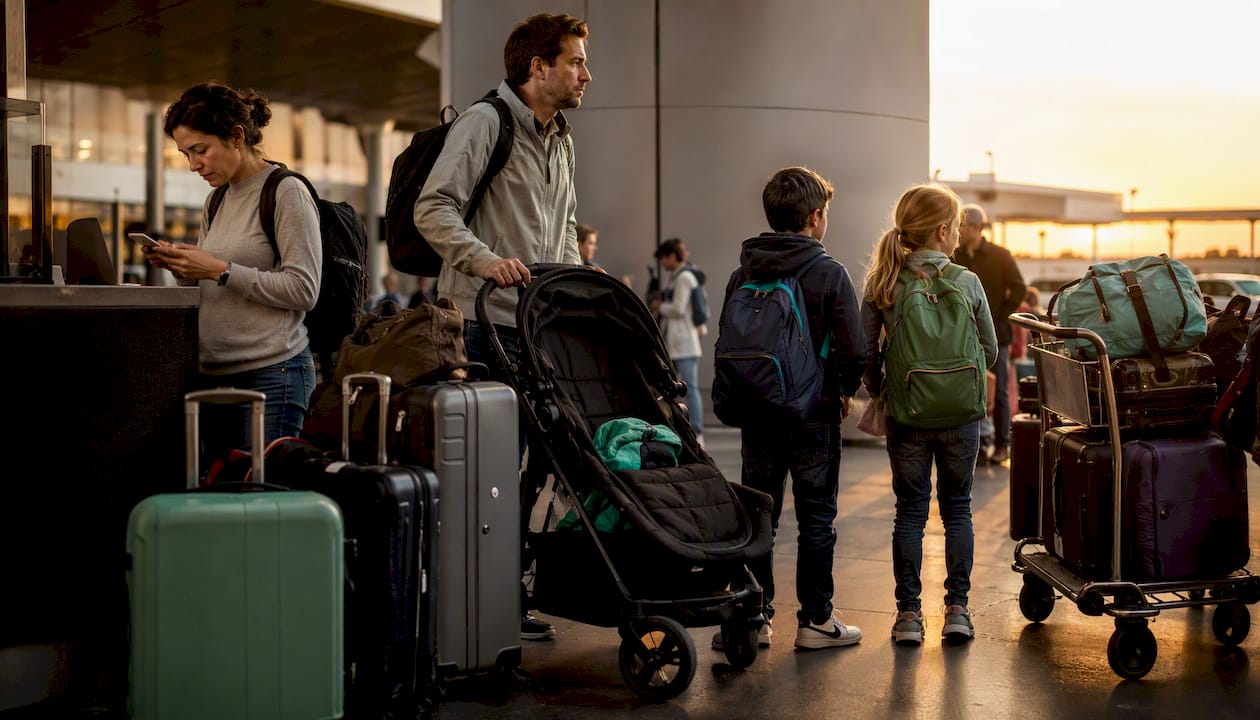 Family waiting in line for rental car at airport