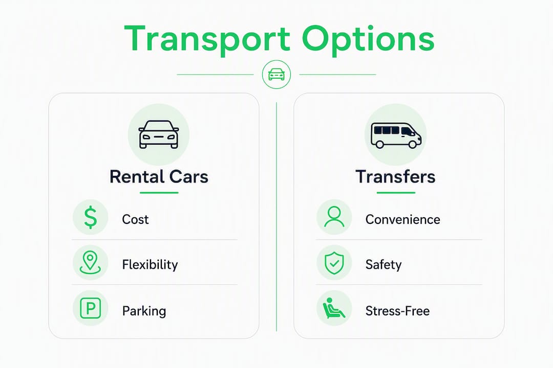 Infographic comparing rental cars and transfers for families
