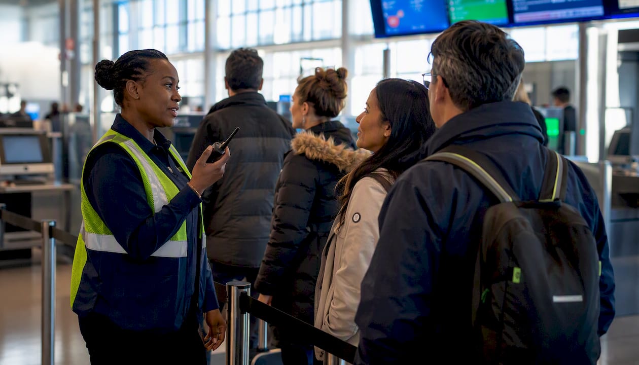 Airport security supervisor managing checkpoint queue