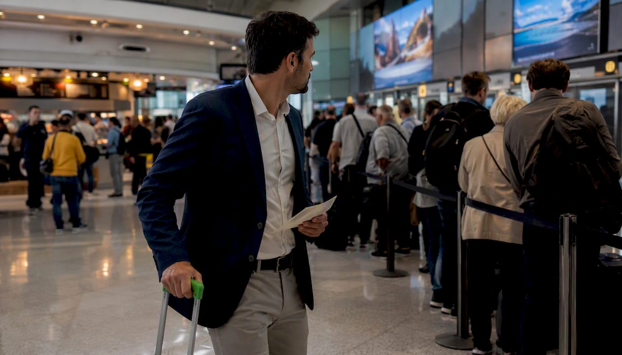 Traveler selecting shortest security queue line