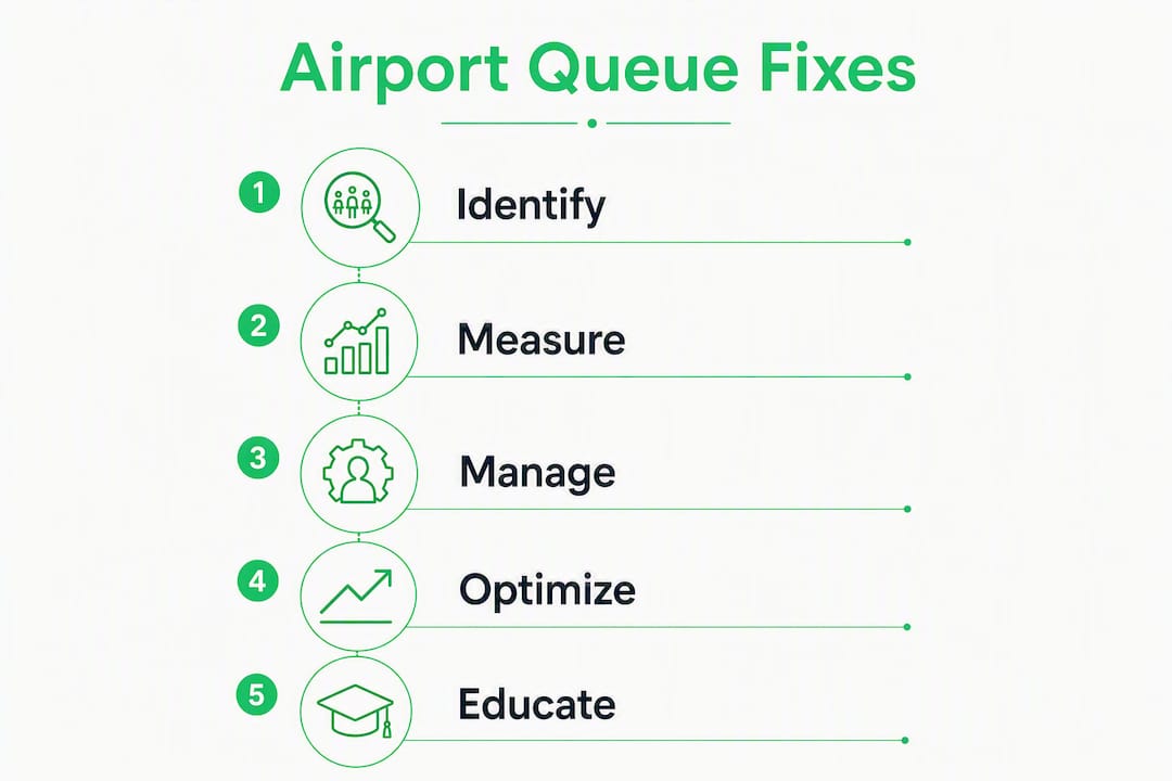 Infographic showing steps to improve airport queues