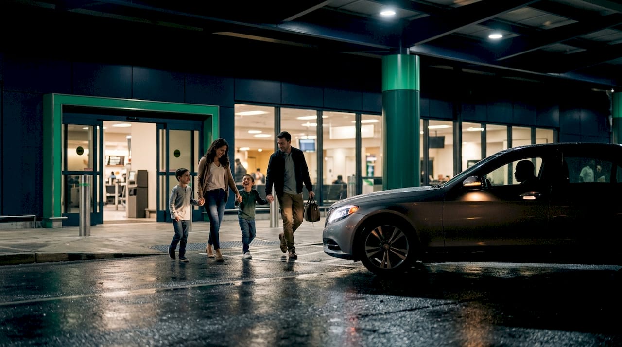 Family arriving for late night airport pickup