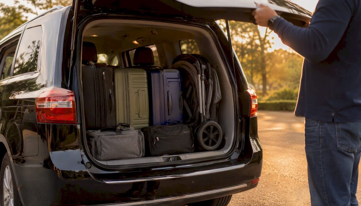 Minivan trunk packed with stroller and suitcases