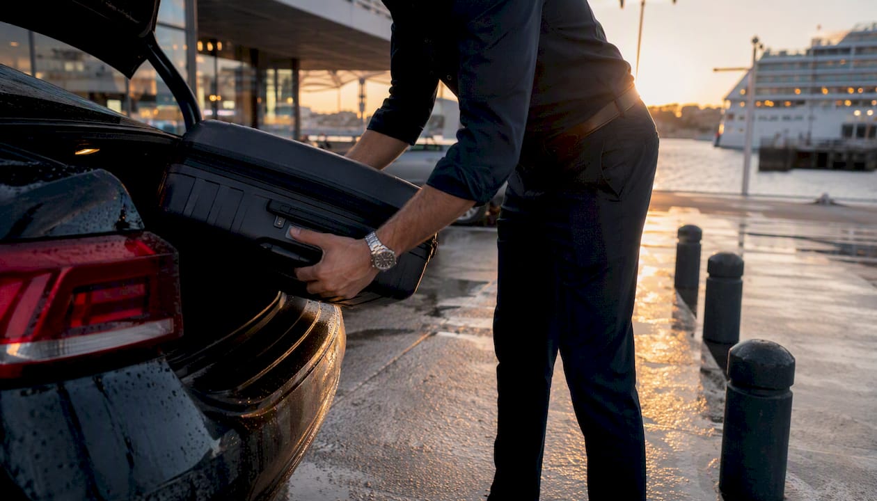 Hands loading luggage into taxi trunk at cruise port