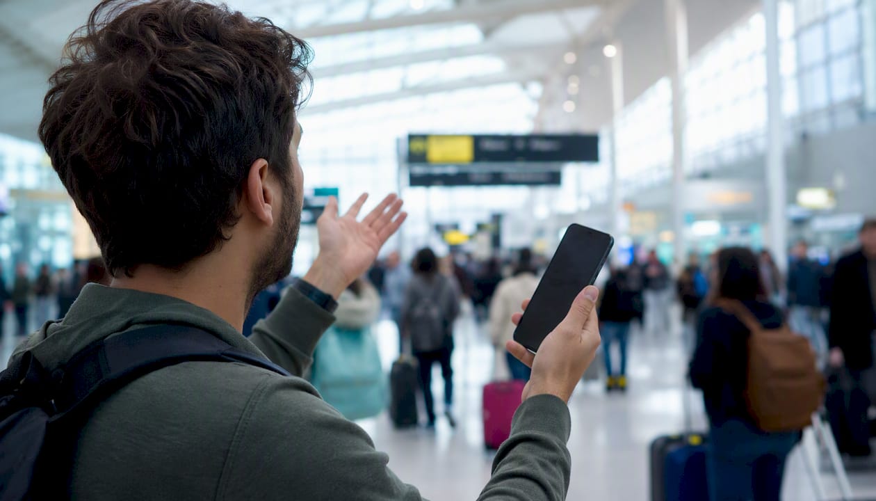 Traveler confused by airport signs holding phone
