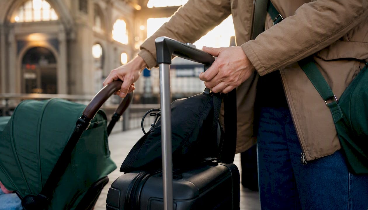 Traveler hands managing luggage at train platform
