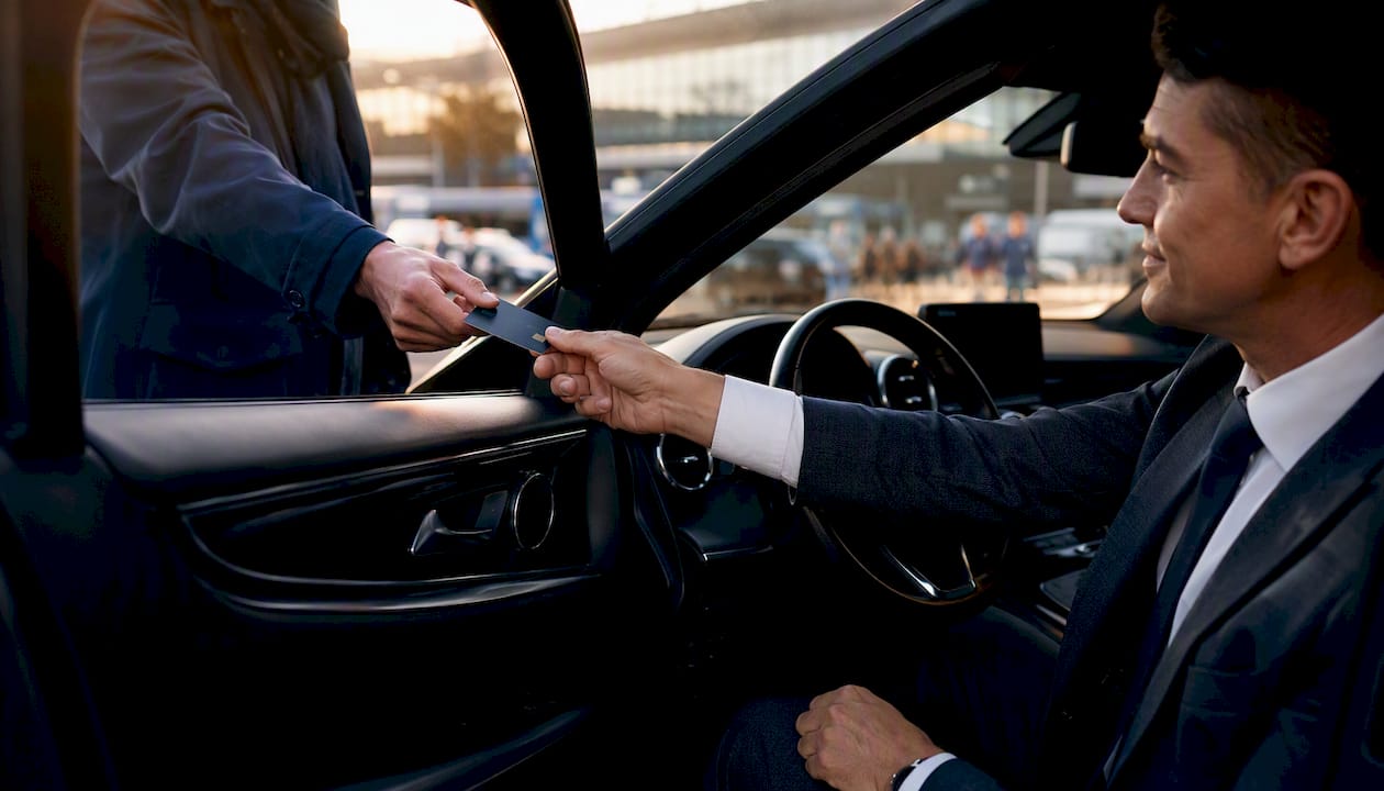 Passenger handing card to chauffeur for payment