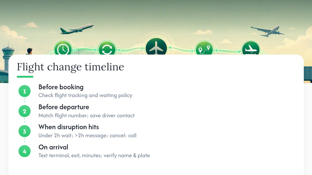 Timeline infographic of flight disruption transfer steps
