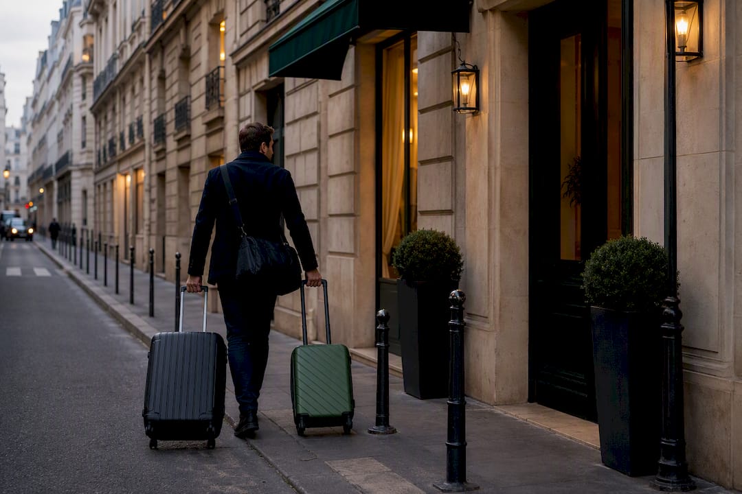 Traveler walking luggage along Paris street