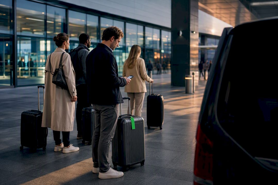Travelers organizing a multi-stop airport transfer