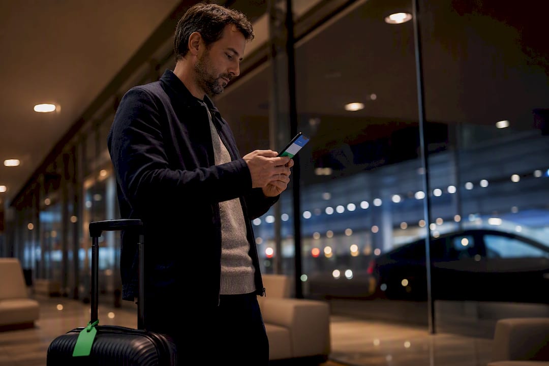 Traveler checking fare at night airport