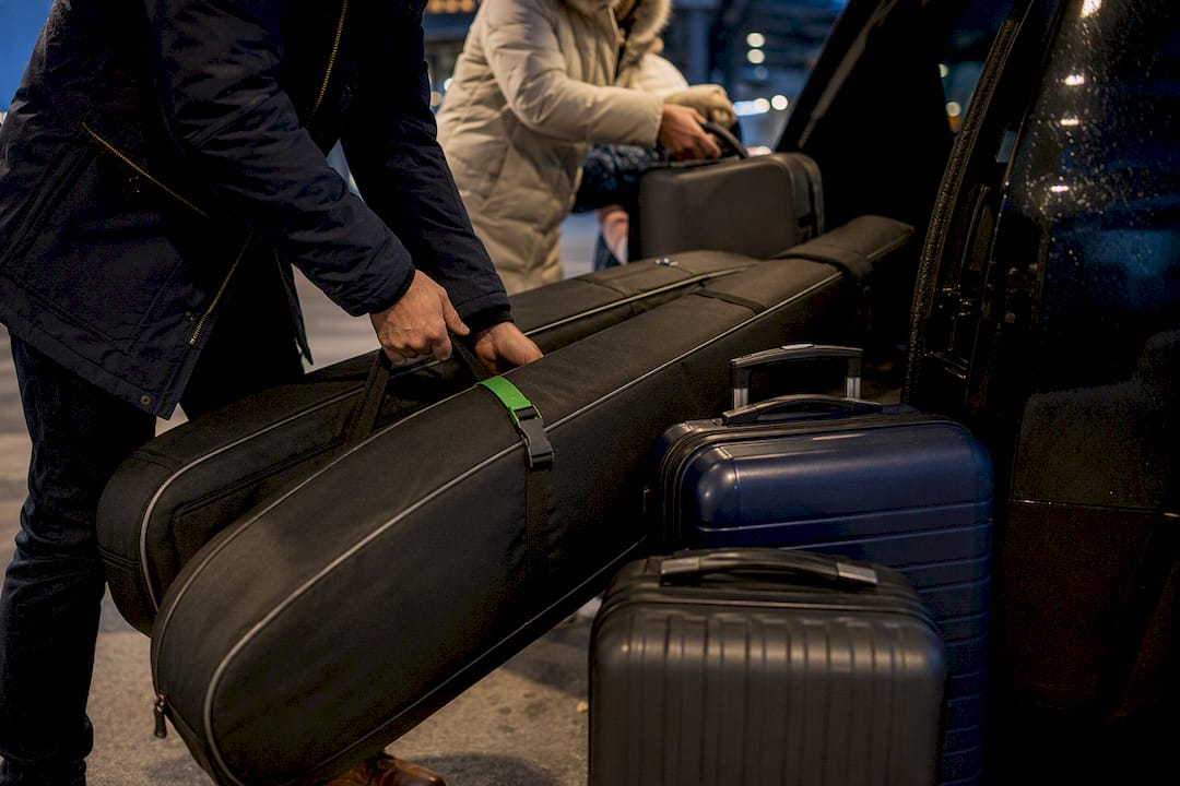 Ski bags loaded for airport transfer