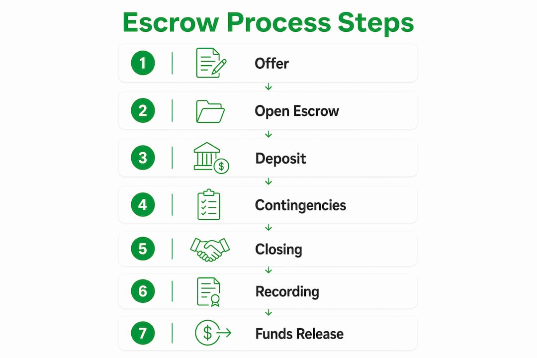 Infographic showing escrow process steps from offer to funds release