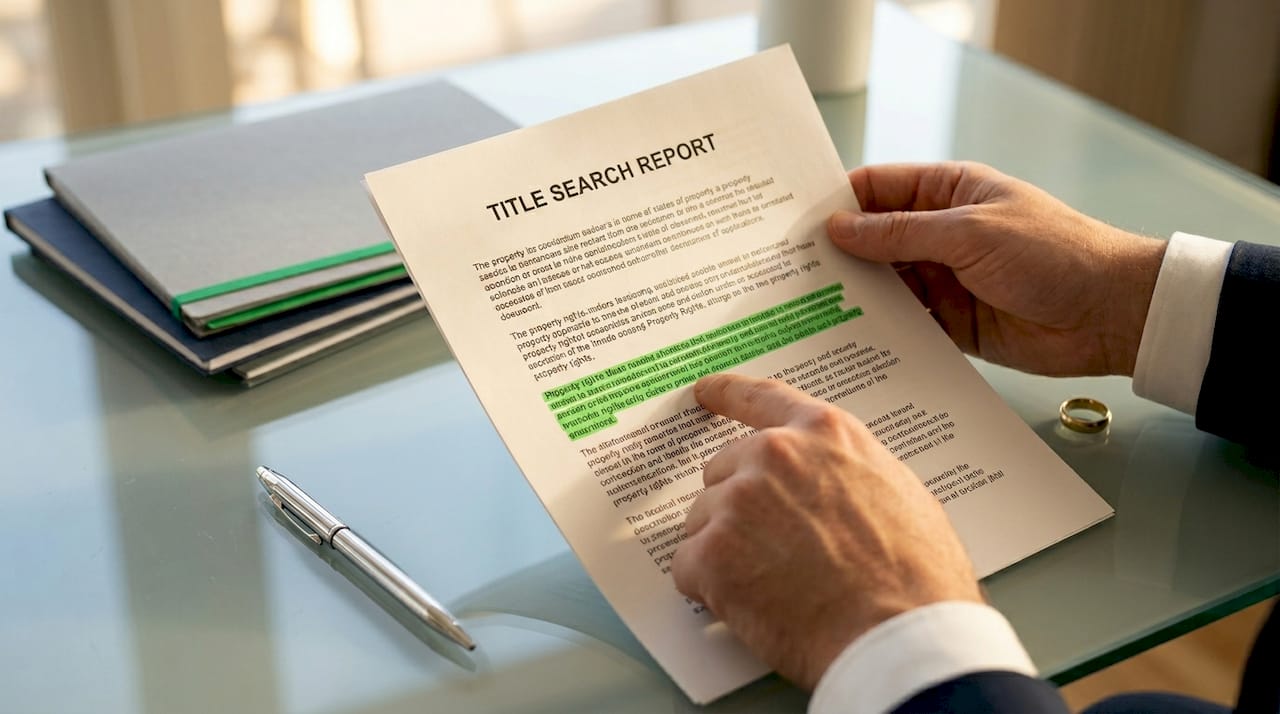 Close-up hands examining title search report