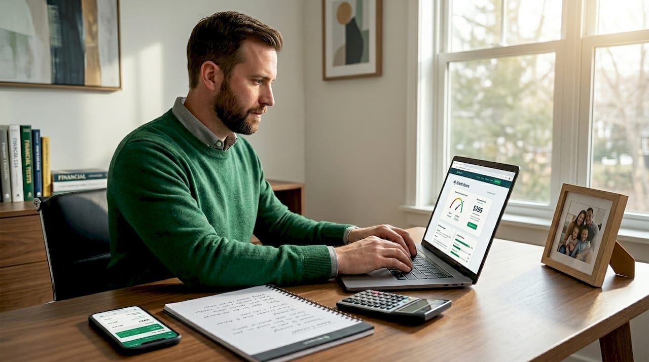 Homebuyer checking credit score on laptop at home desk