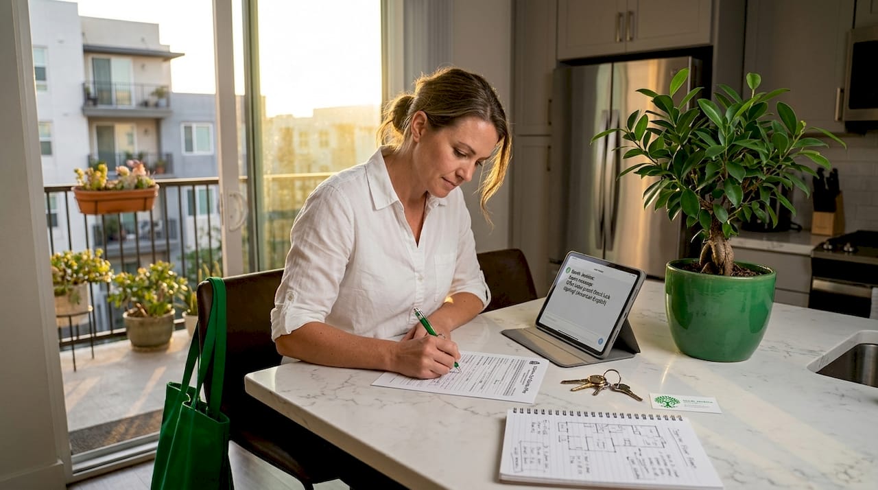 Buyer signing real estate offer at dining table