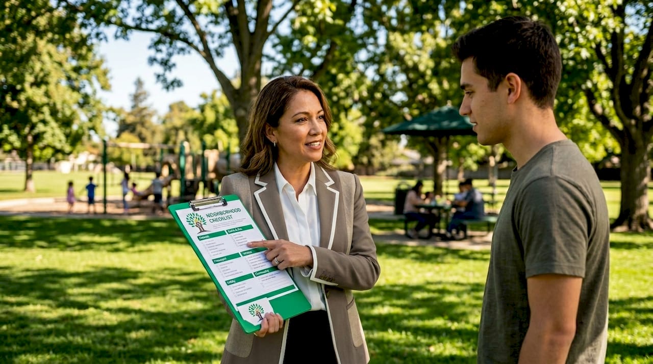 Agent and buyer reviewing neighborhood checklist