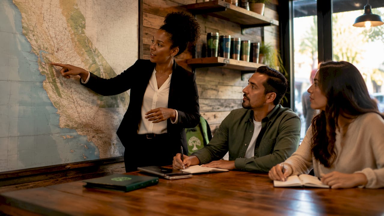 Female agent explaining California local market map