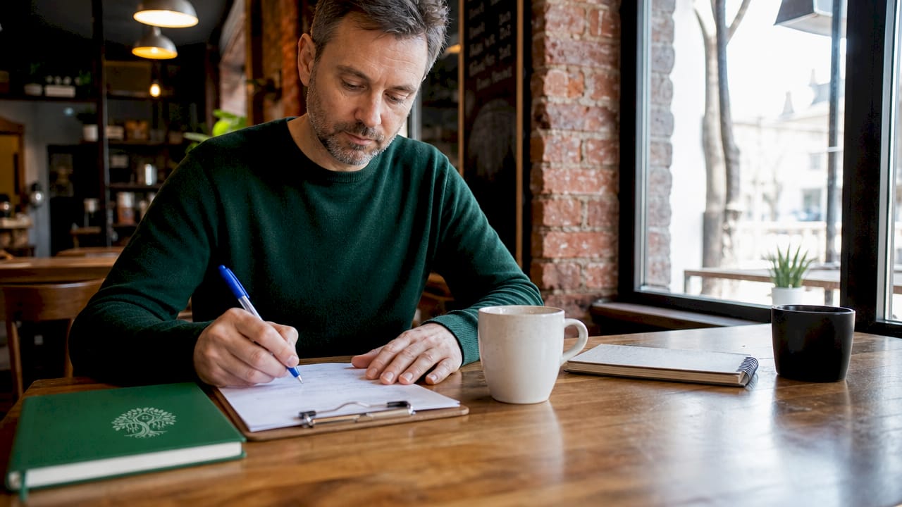 Man writing home buying checklist at kitchen table