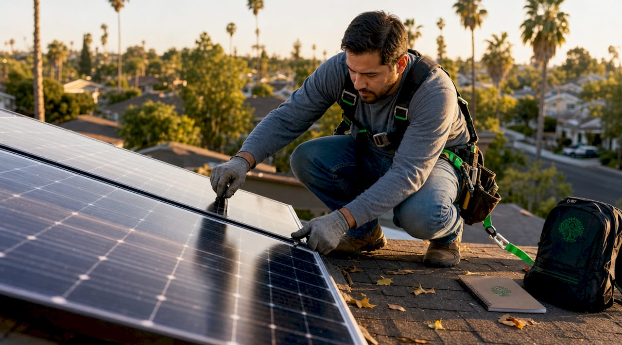 Technician installing photovoltaic solar panels on roof