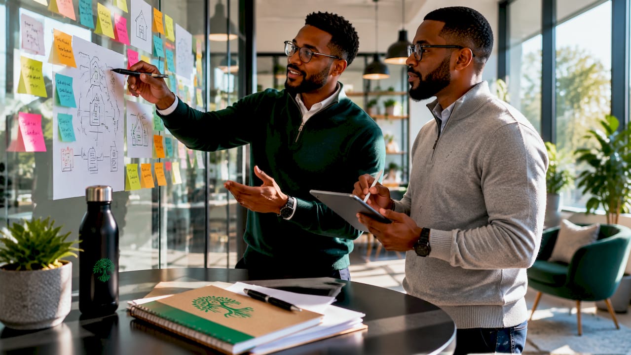Two men discussing title company processes in conference room