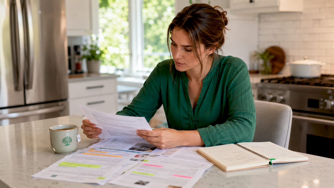 Buyer reviewing printed home inspection report documents