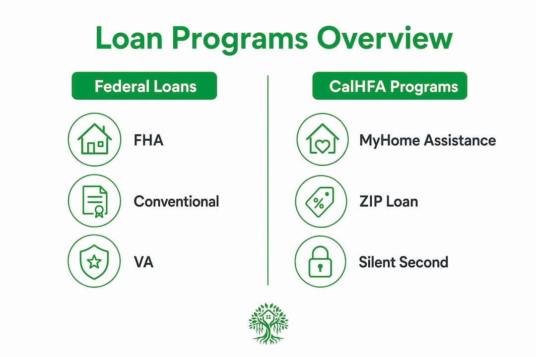Infographic comparing federal and CalHFA loan programs for homebuyers