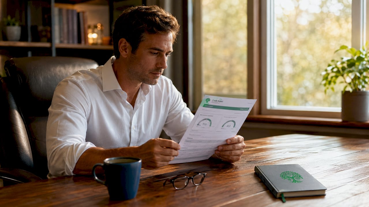 Hands holding credit report document overhead view