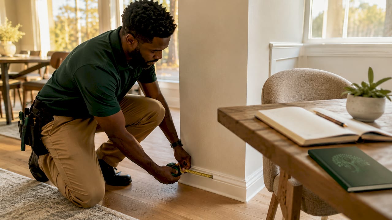 Hands measuring baseboard during home evaluation