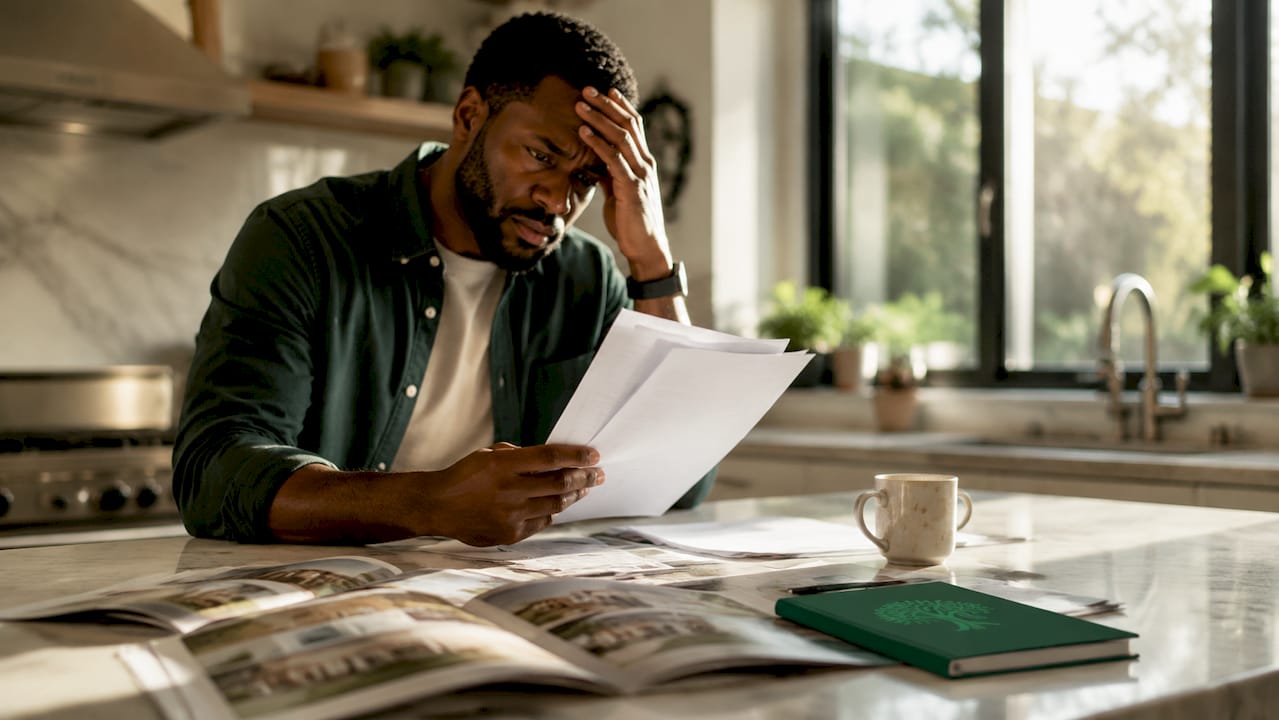 Stressed man reviewing homebuying paperwork in living room
