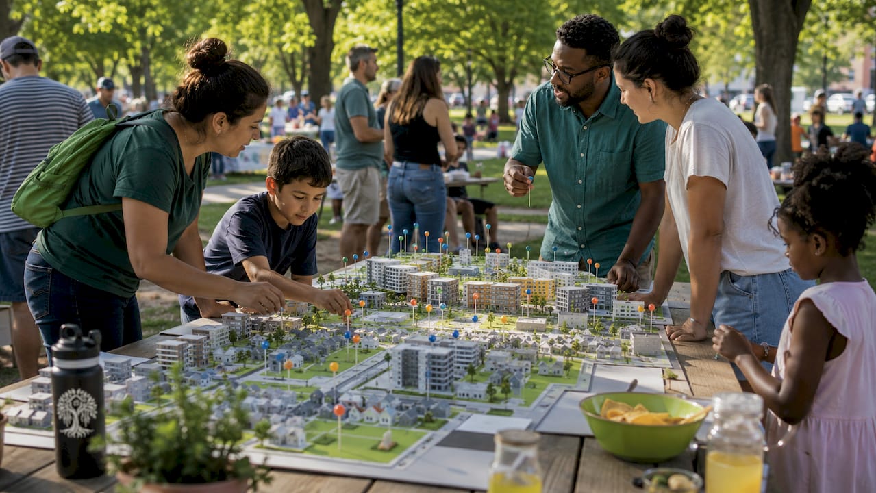 Community members discussing housing model overhead view