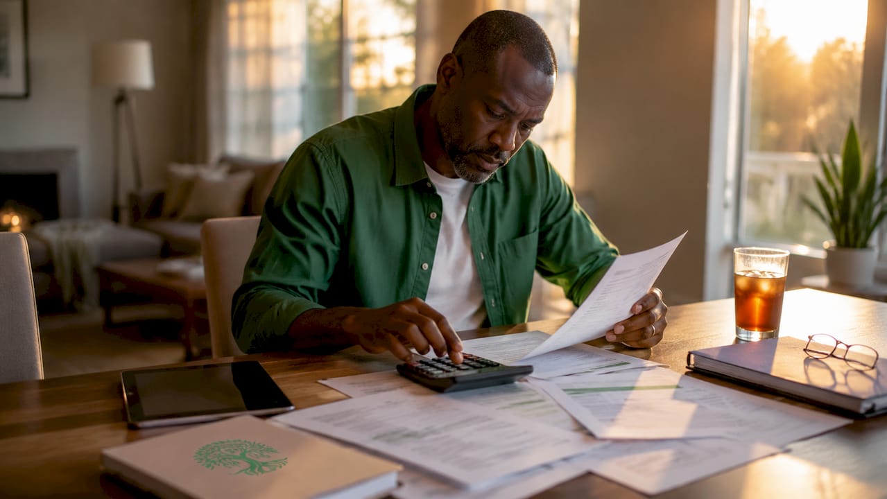 Hands working on lender fee documents with calculator