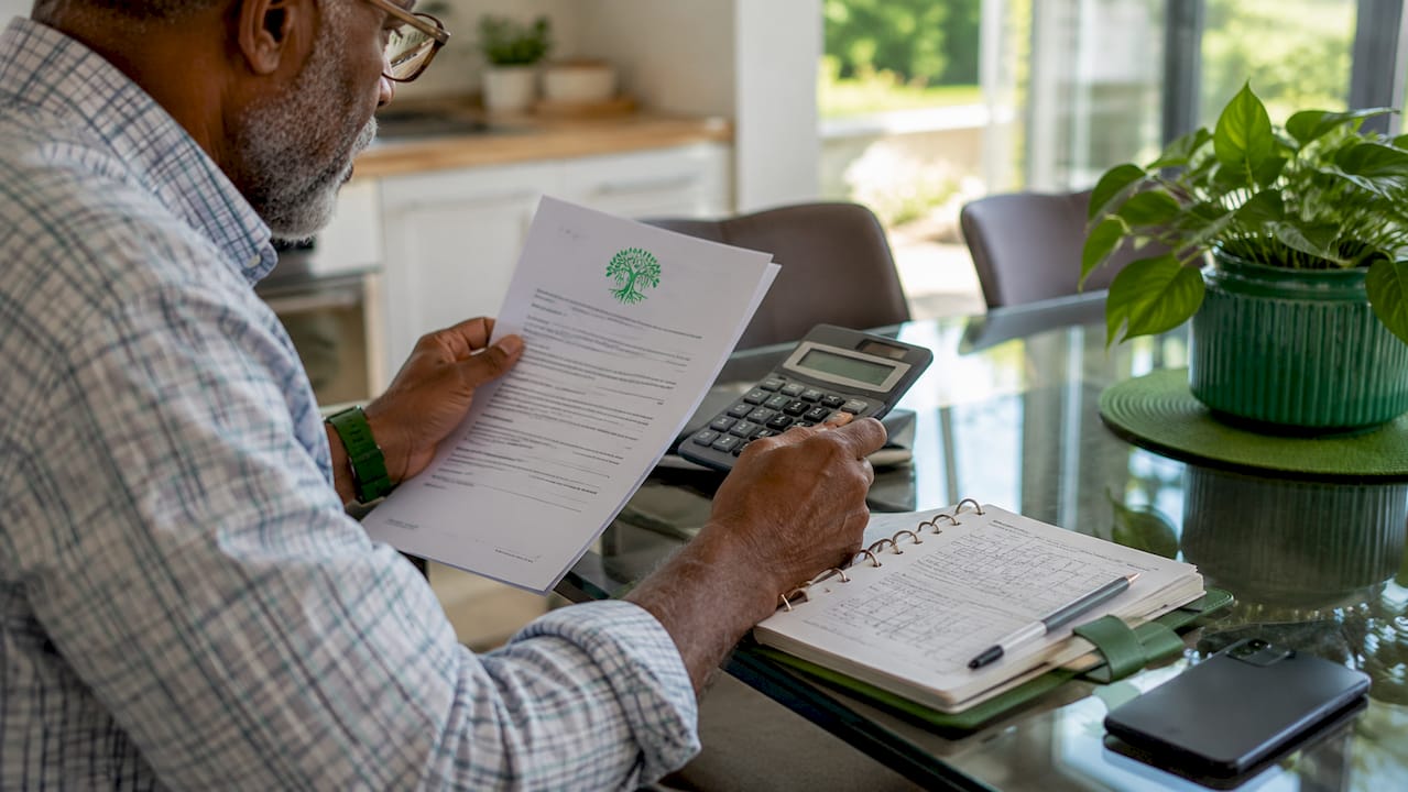 Hands holding pre-approval letter and calculator on desk