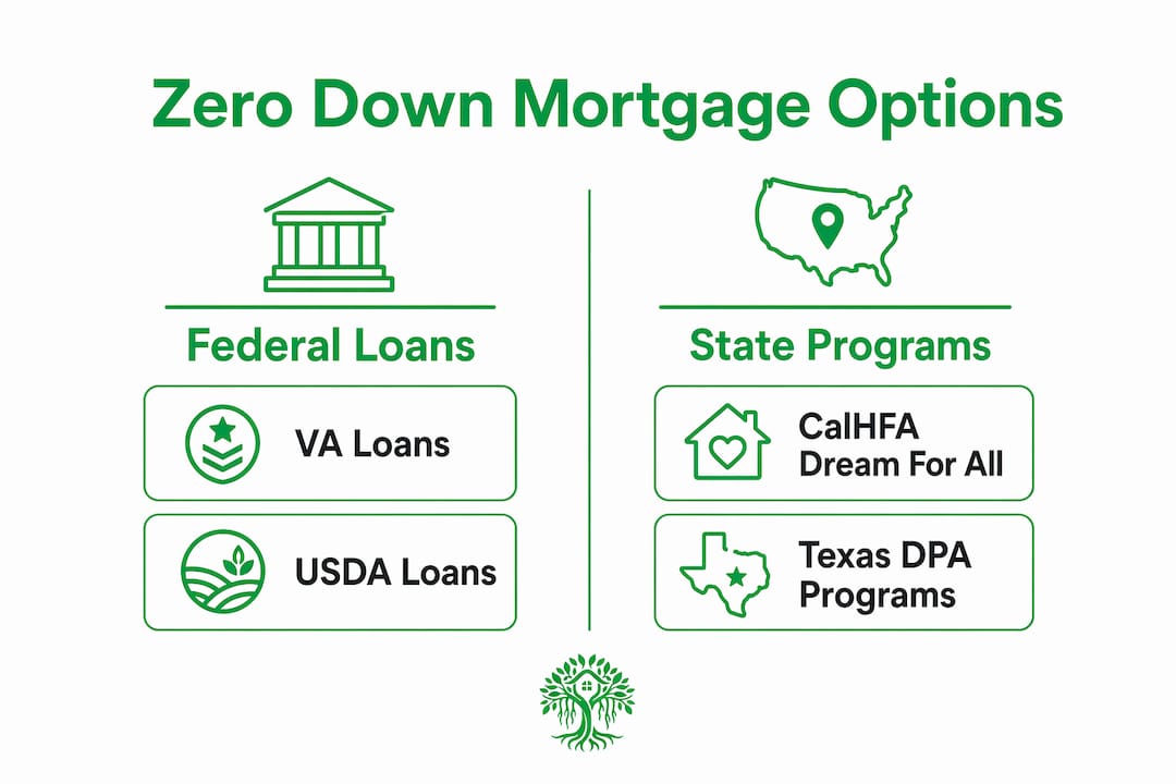 Infographic comparing federal and state zero down mortgage options