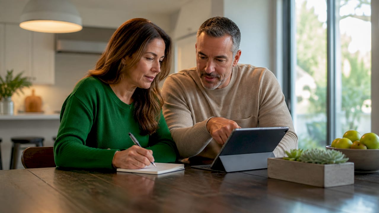 Couple reviewing mortgage calculator on tablet
