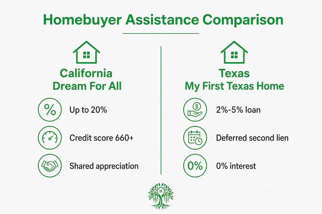 Infographic comparing CA and TX first generation homebuyer programs