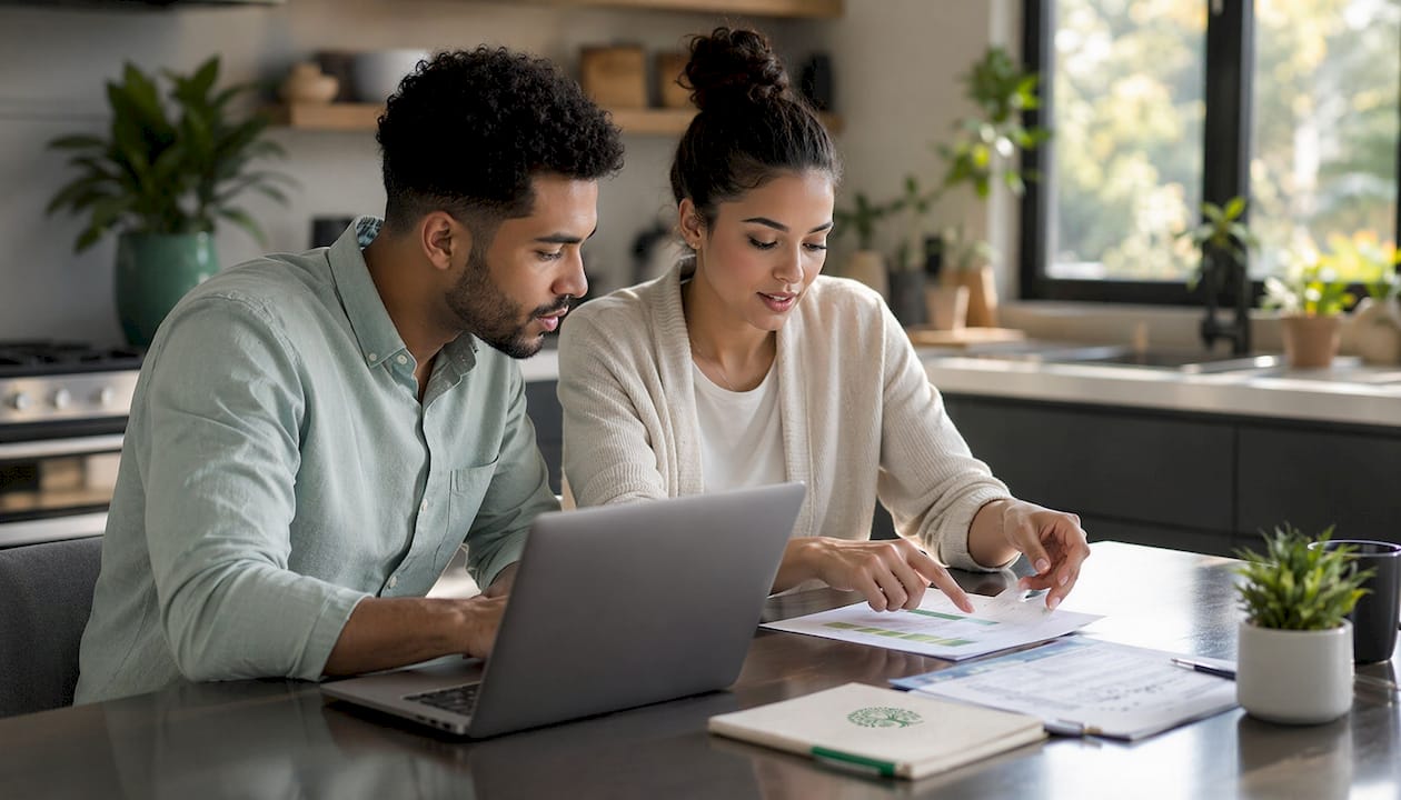 Couple reviewing down payment plans on laptop