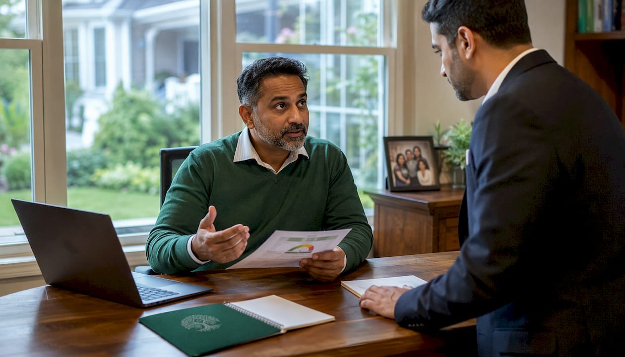 Man discussing mortgage approval with officer