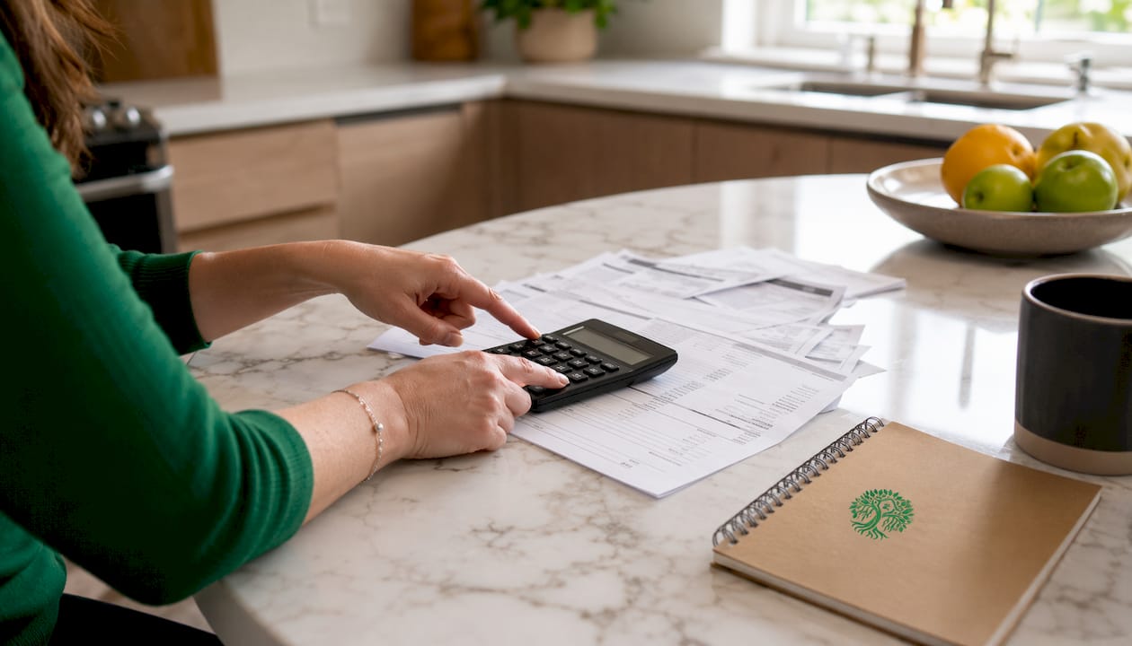 Hands using calculator and home expense sheets