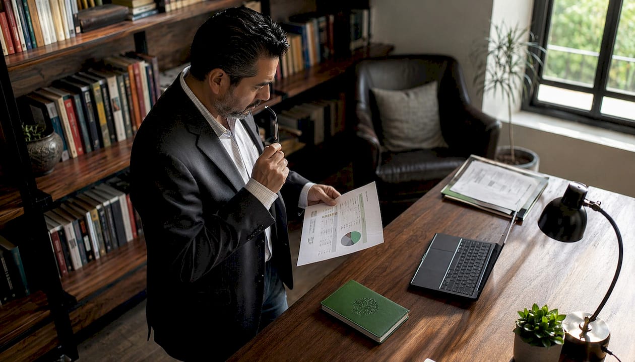 Man contemplating financial charts at office desk