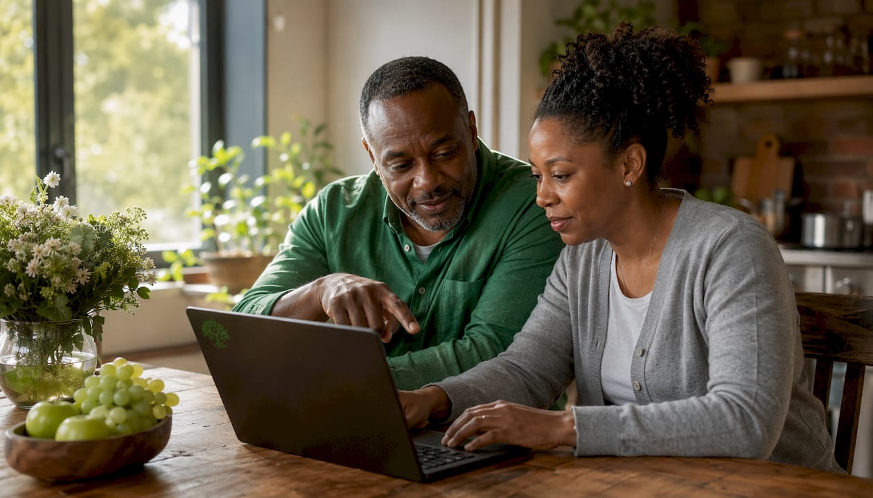 Couple discussing mortgage options on laptop