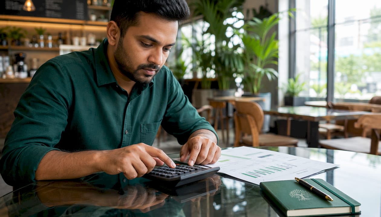 Hands using calculator with mortgage charts