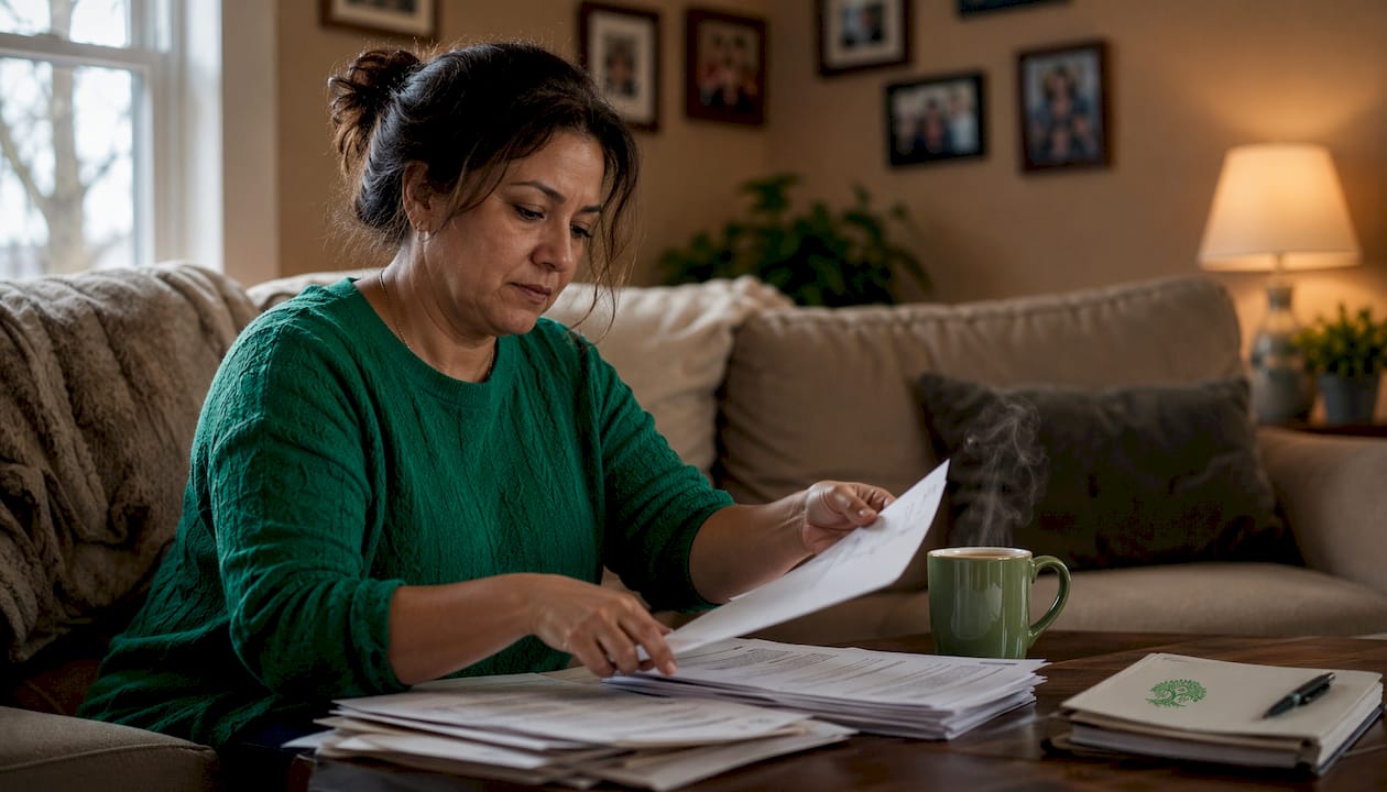 Hands organizing mortgage loan documents on table
