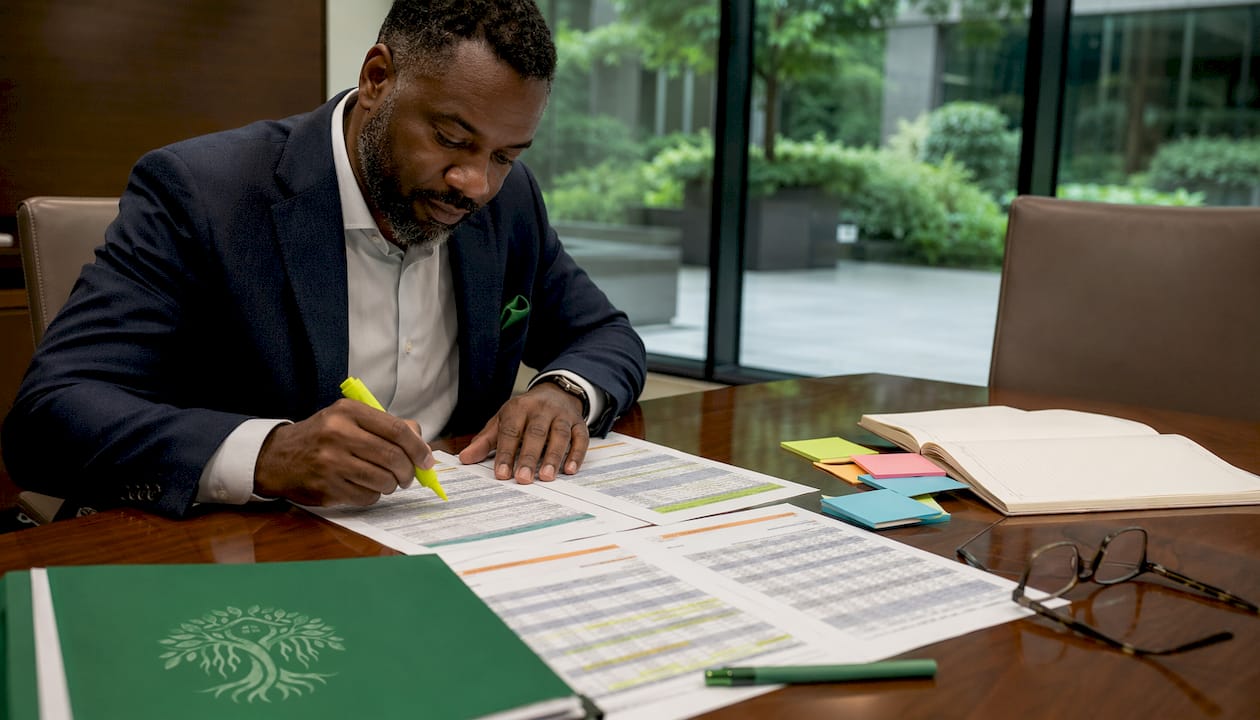 Overhead view of man analyzing county income tables
